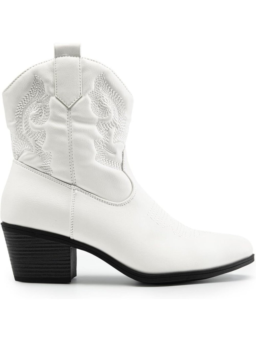 Women's White Faux Leather Embroidered Round Toe Low Chunky Heel Ankle Booties - Picture 3 of 6